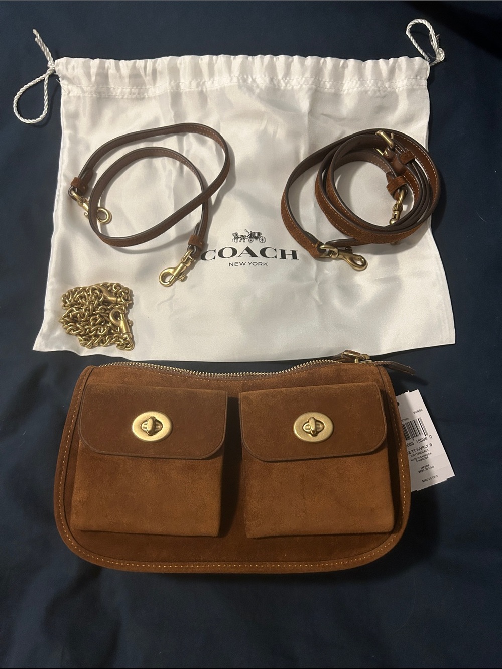 Coach Twinlock Brown Suede Double Pocket Crossbody with Gold Hardware